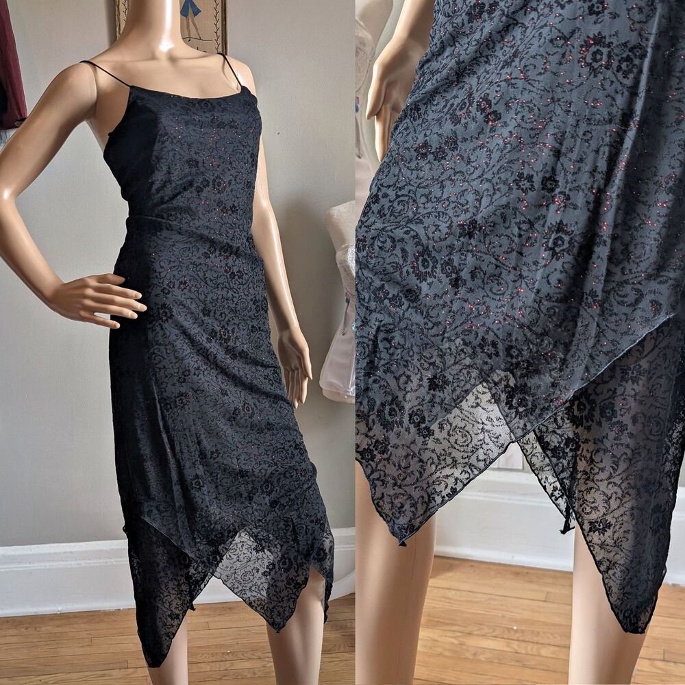 Vintage 90s Byer Too Black Midi Dress Cocktail Floral Glitter Whimsygoth Size M - Picture 3 of 16